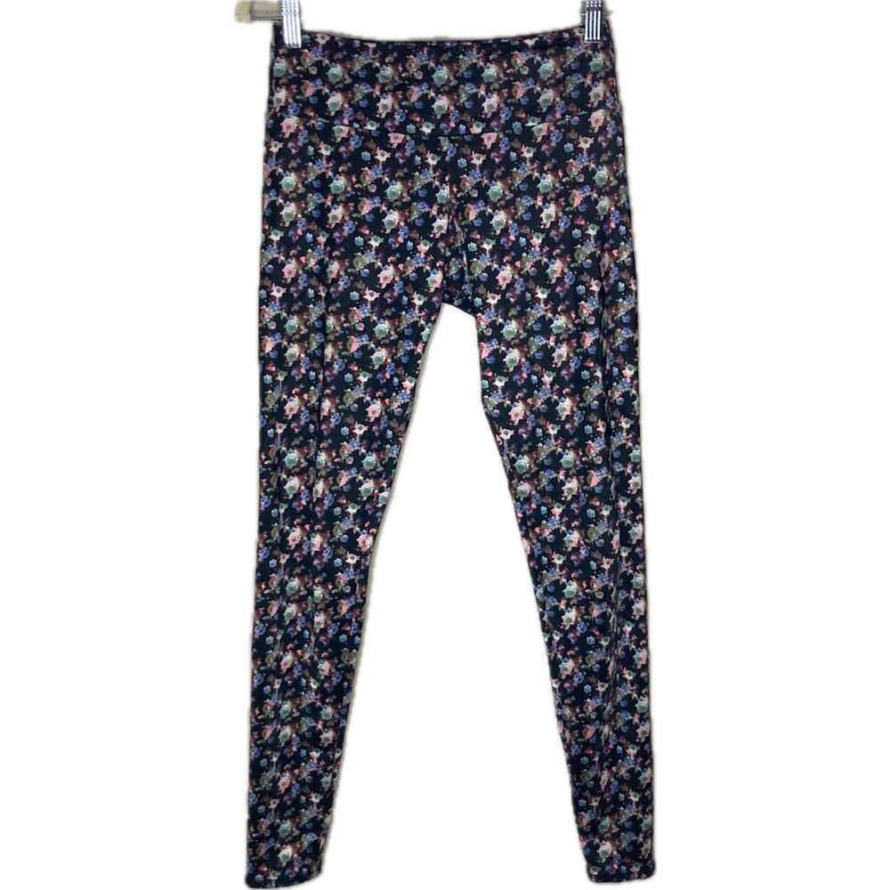 Onzie S/M Sky Leggings Floral Print Skinny Leg Black Multicolor Colorful